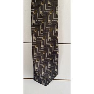 Audrey Buckner 100% European Silk Hand Tailored Tie In Brown w/ Gold Geometric